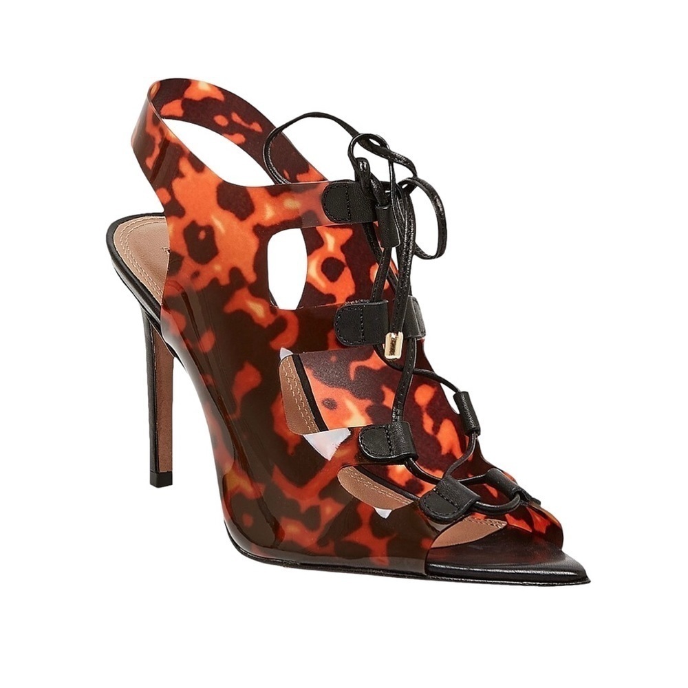 BCBGMaxazria Women’s Tortoise Shell Leather Lace-up Demi Heel Sandals Size 8.5